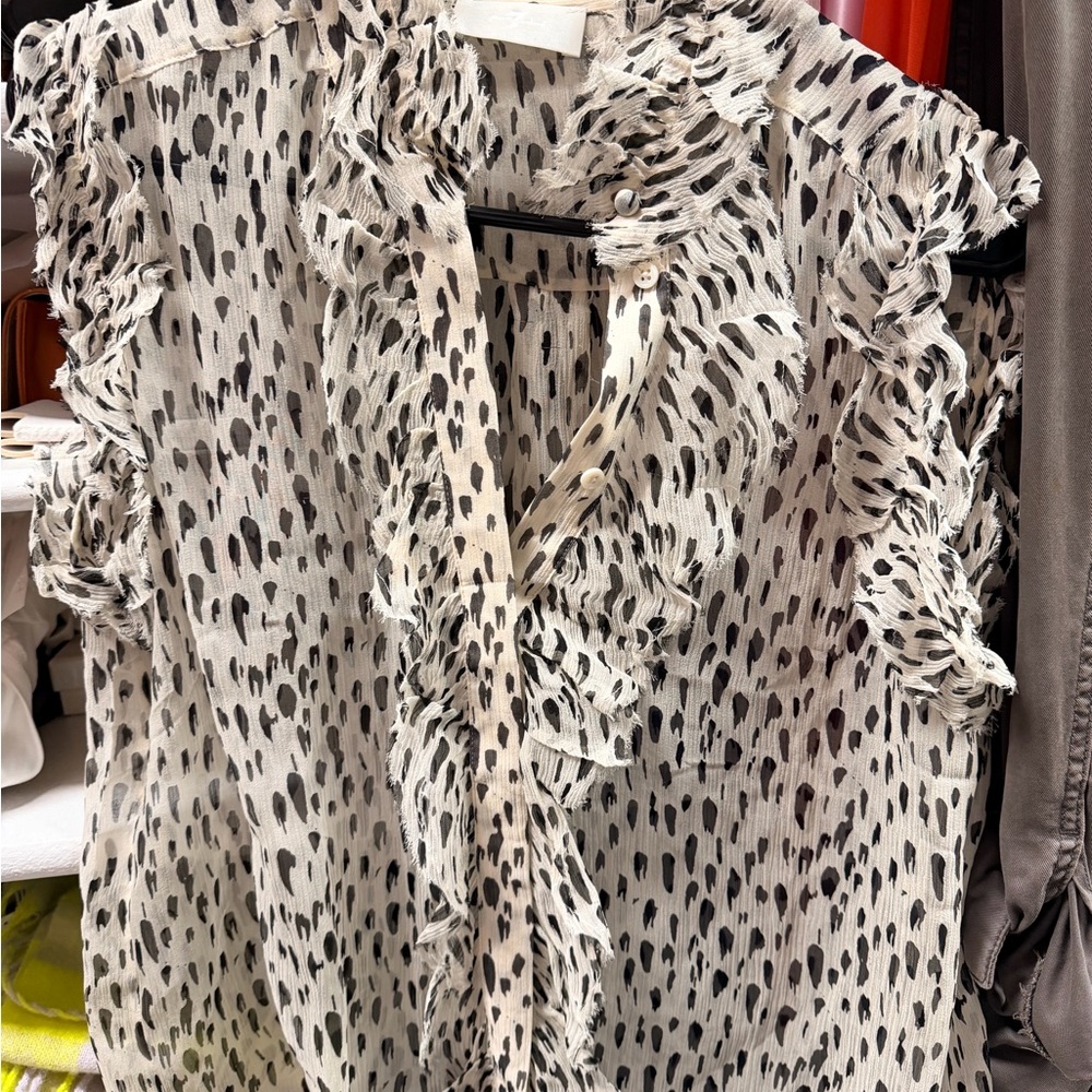 7 For All Mankind Black and Cream Ruffled Blouse